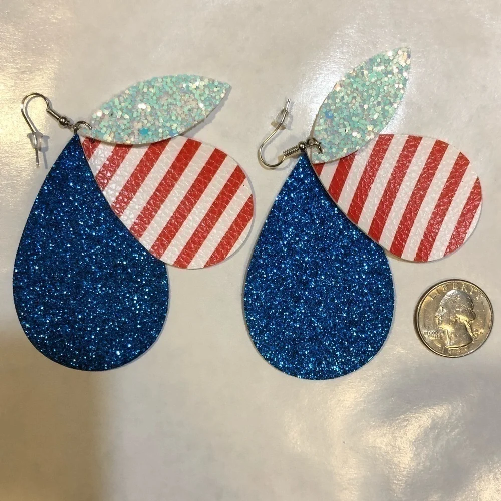 New! Lightweight Faux Leather Drop 3 Layer Patriotic Red Dangle Earrings